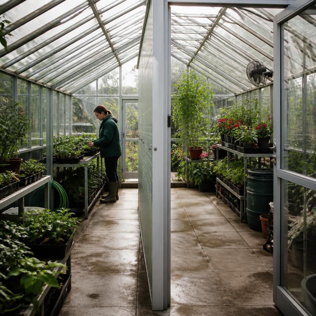 Greenhouse garden shed divided by an internal partition with separate growing areas