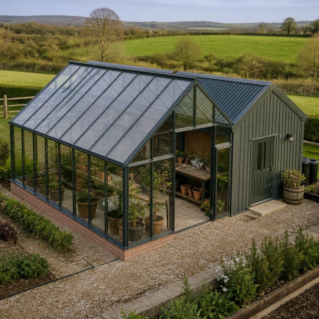 Greenhouse garden shed with a glazed growing area and enclosed storage section viewed from above