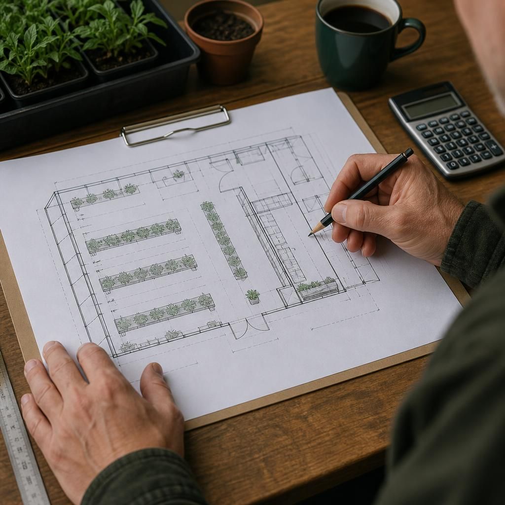 Scaled floor plan showing greenhouse benches, shed storage, shelving and access paths