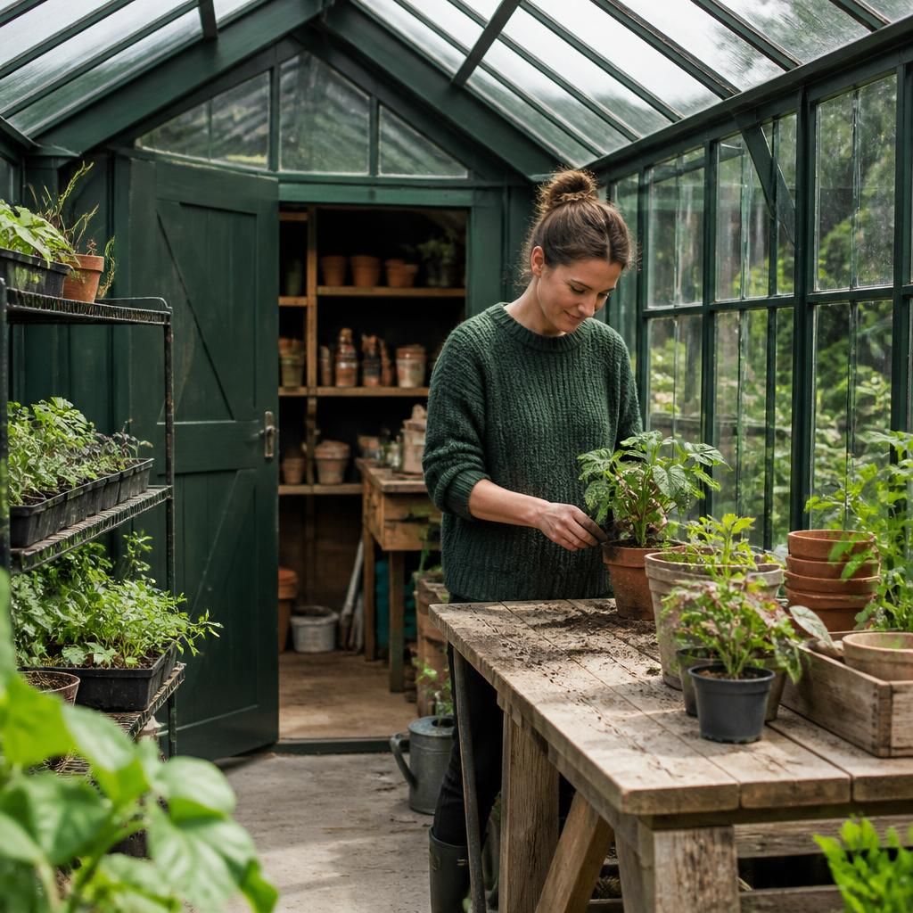 Glazed greenhouse garden shed with potted plants, shelving and a timber workbench