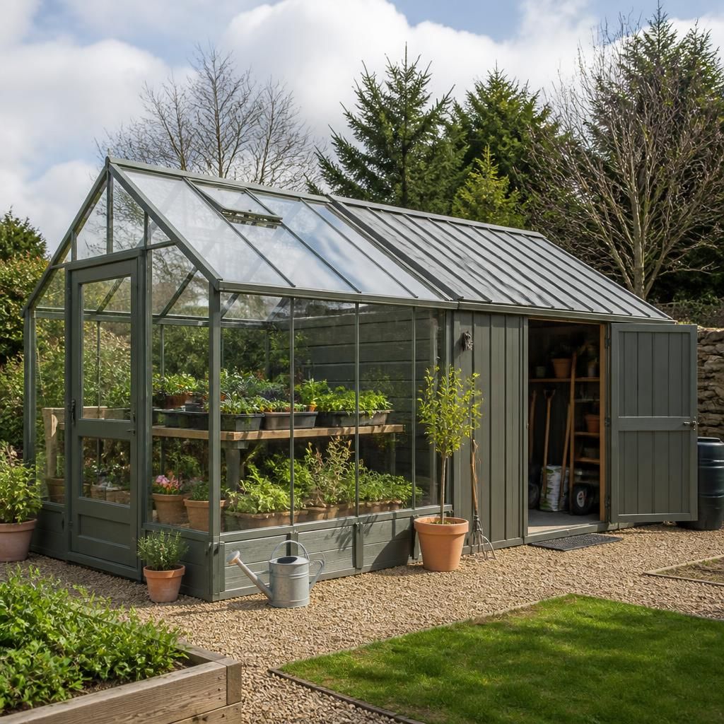 Greenhouse garden shed with a glazed growing area beside enclosed tool storage