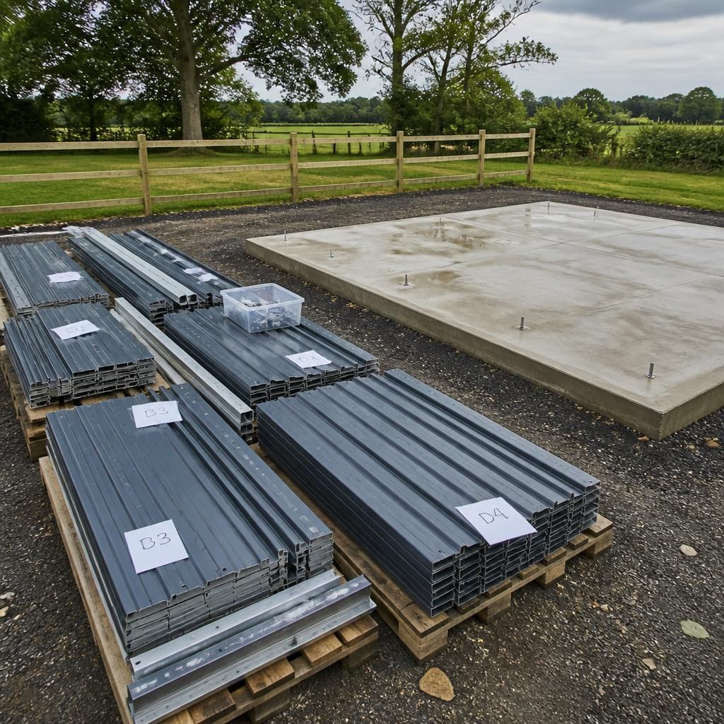 Labelled metal shed panels arranged beside a prepared foundation for reassembly