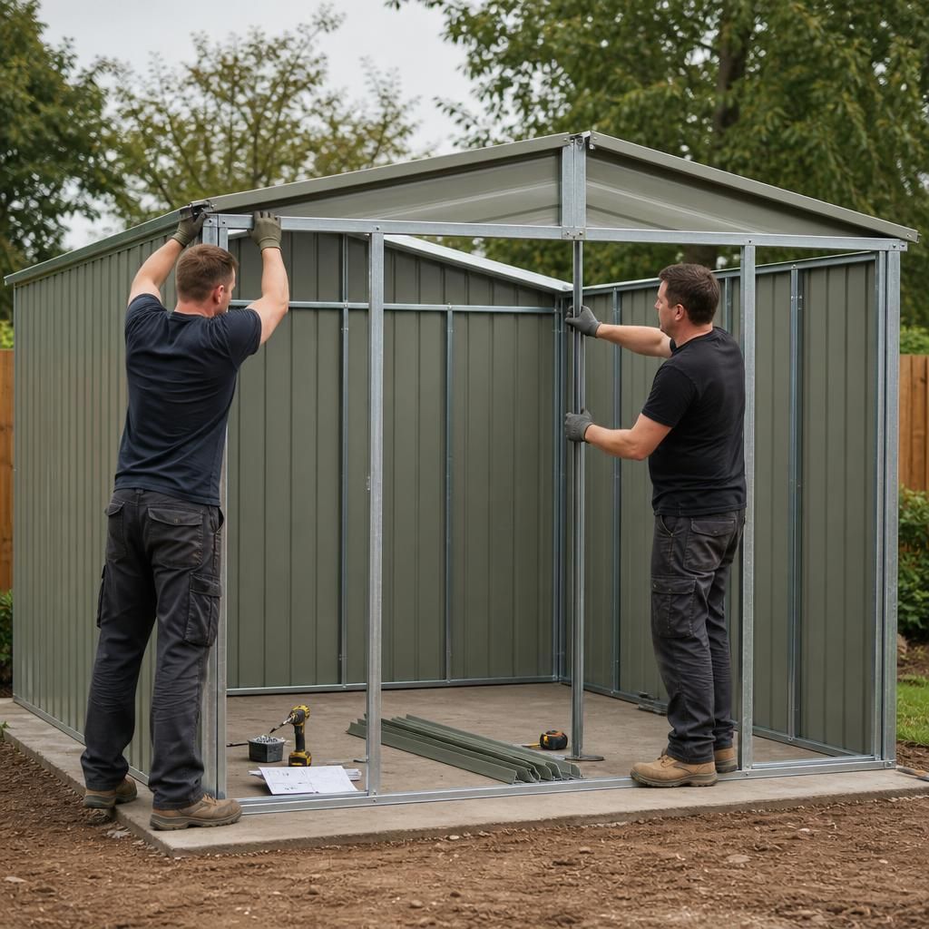 Two people assembling the steel frame of a flat pack garden shed