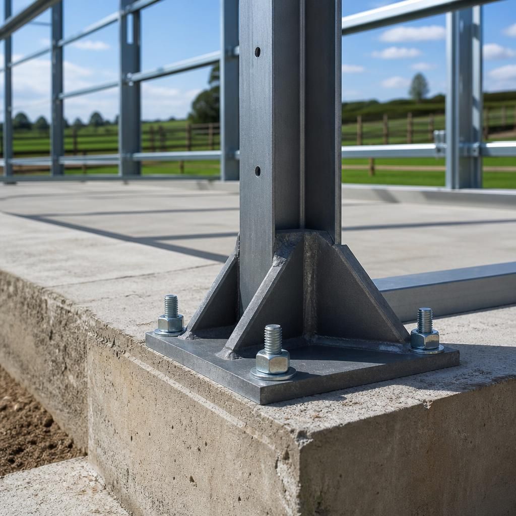 Steel shed frame fixed to a concrete foundation with anchor bolts