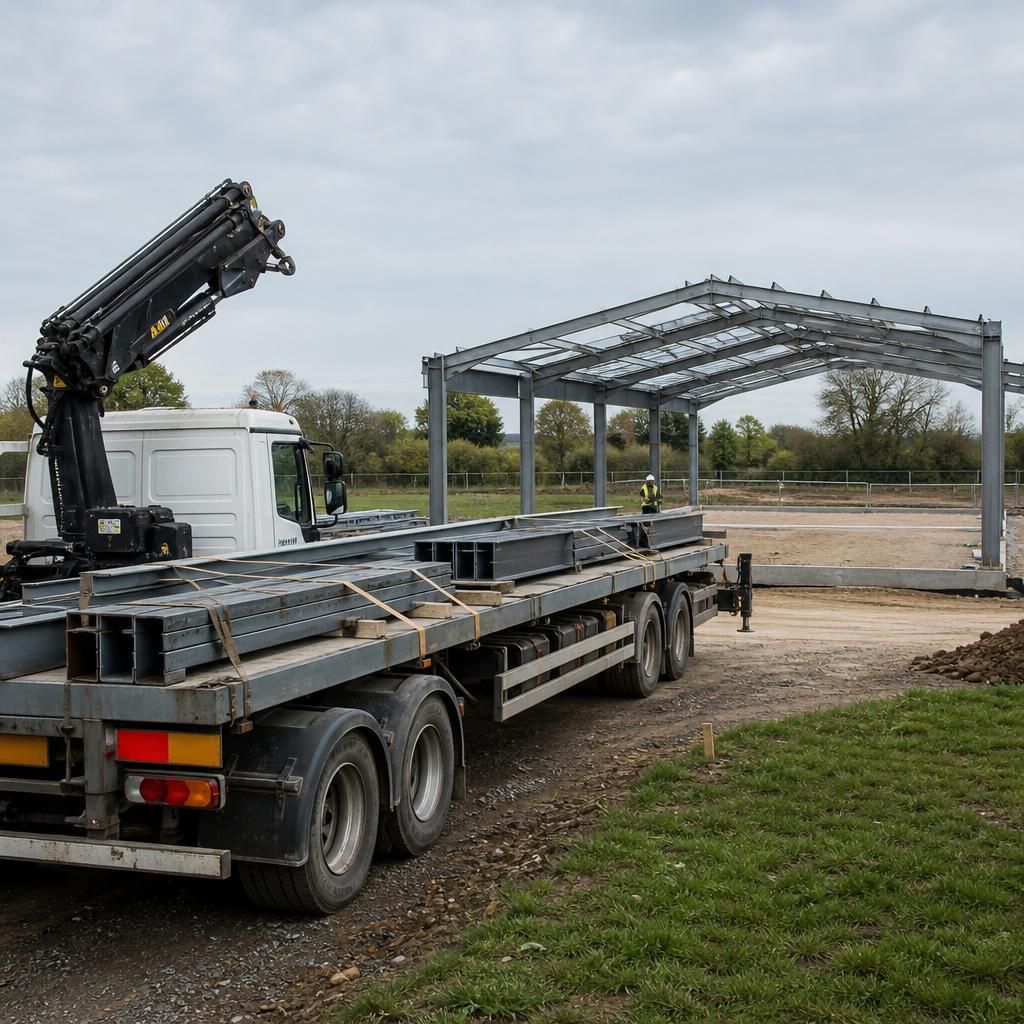 Steel shed delivery vehicle approaching a prepared construction site