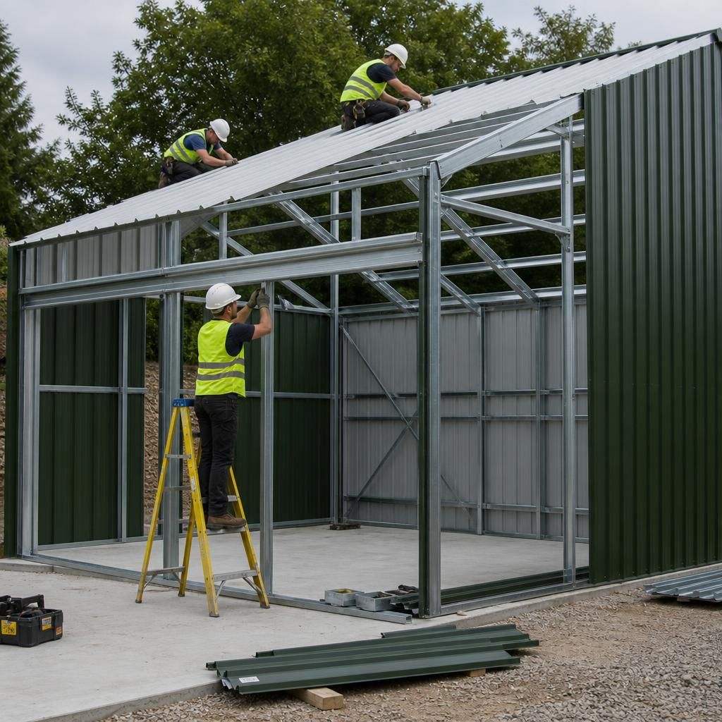 Installers assembling the steel frame and roof panels of a metal shed