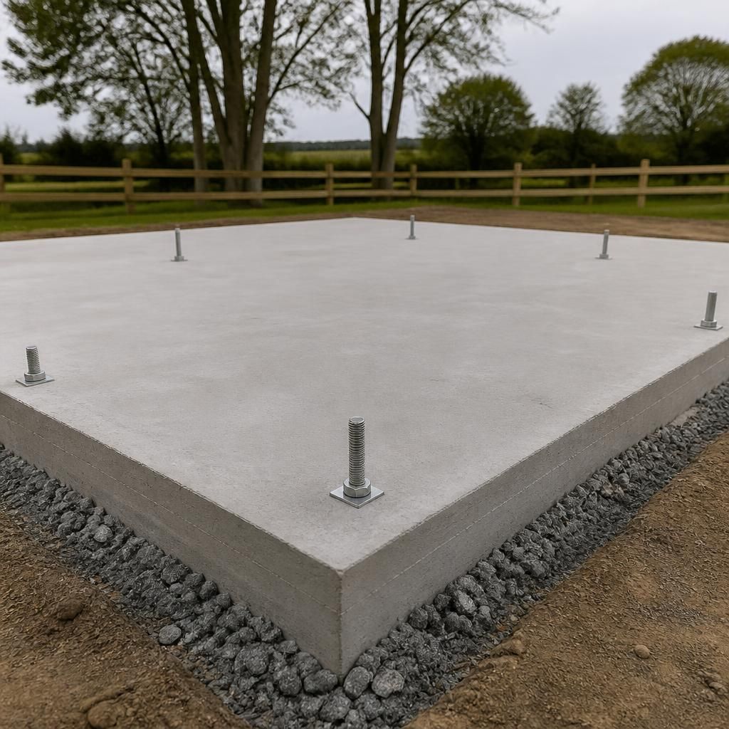Reinforced concrete slab with anchor bolts positioned for a steel shed frame