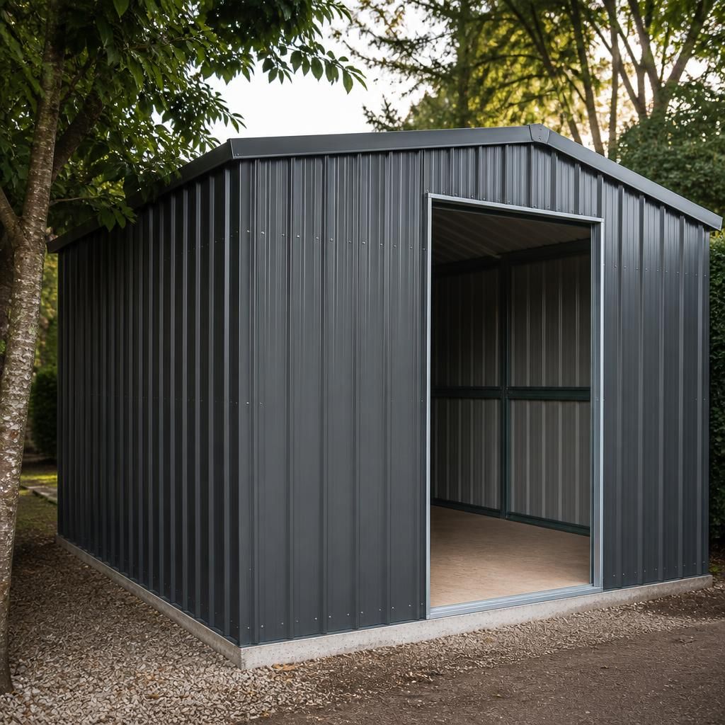 Metal garden shed with corrugated steel wall panels and a framed doorway