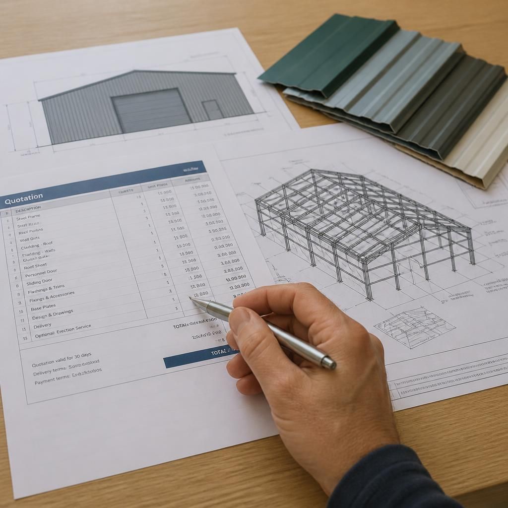 Printed shed quotation beside steel frame plans and cladding samples