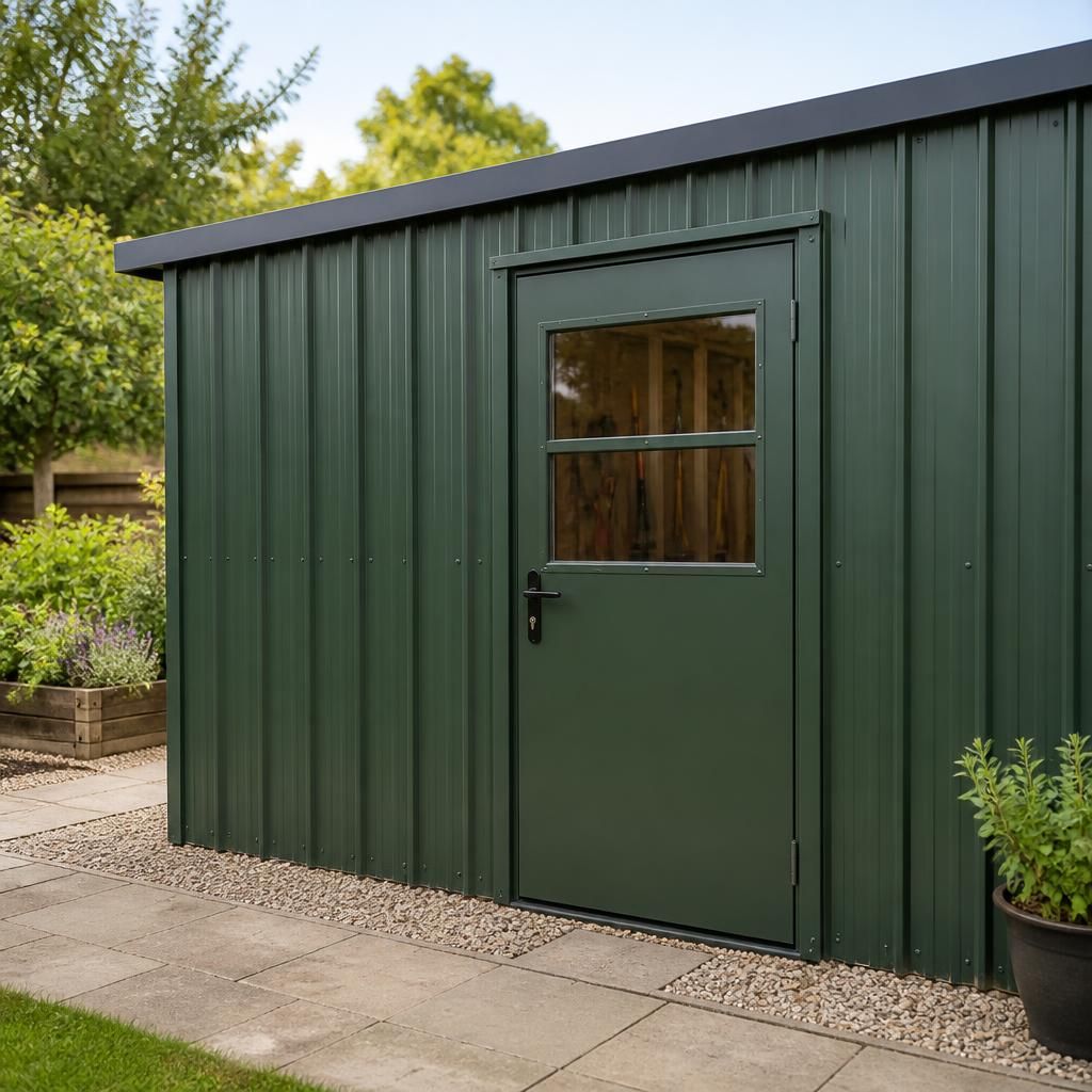 Metal garden shed with a single hinged steel door and glazed upper panels