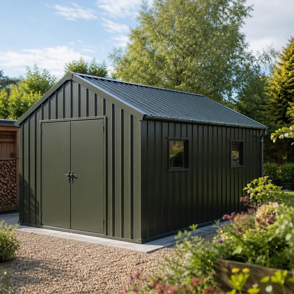 Metal garden shed showing a dual-pitch steel roof with corrugated panels