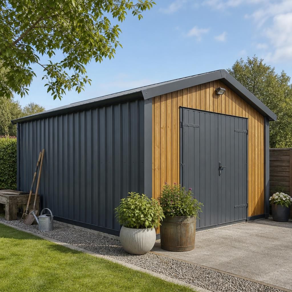 Metal garden shed with profiled steel wall cladding and timber-effect frontage