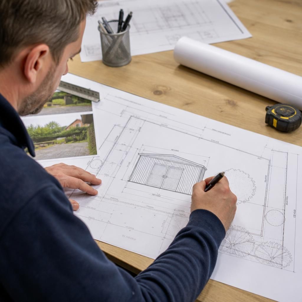 Dimensioned site plan showing a metal garden shed footprint, boundaries and access route