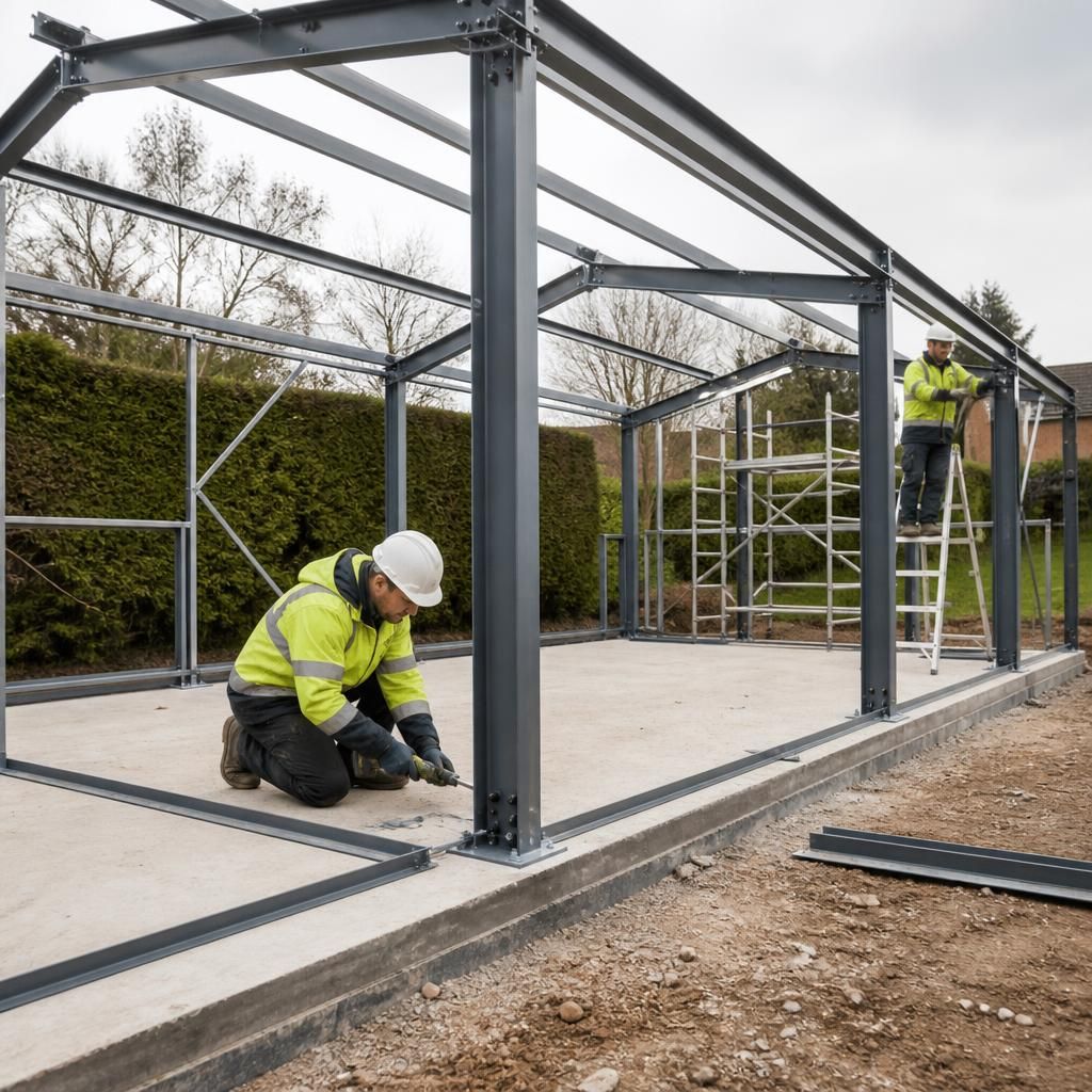 Workers assembling a steel-framed garden shed on a prepared concrete base