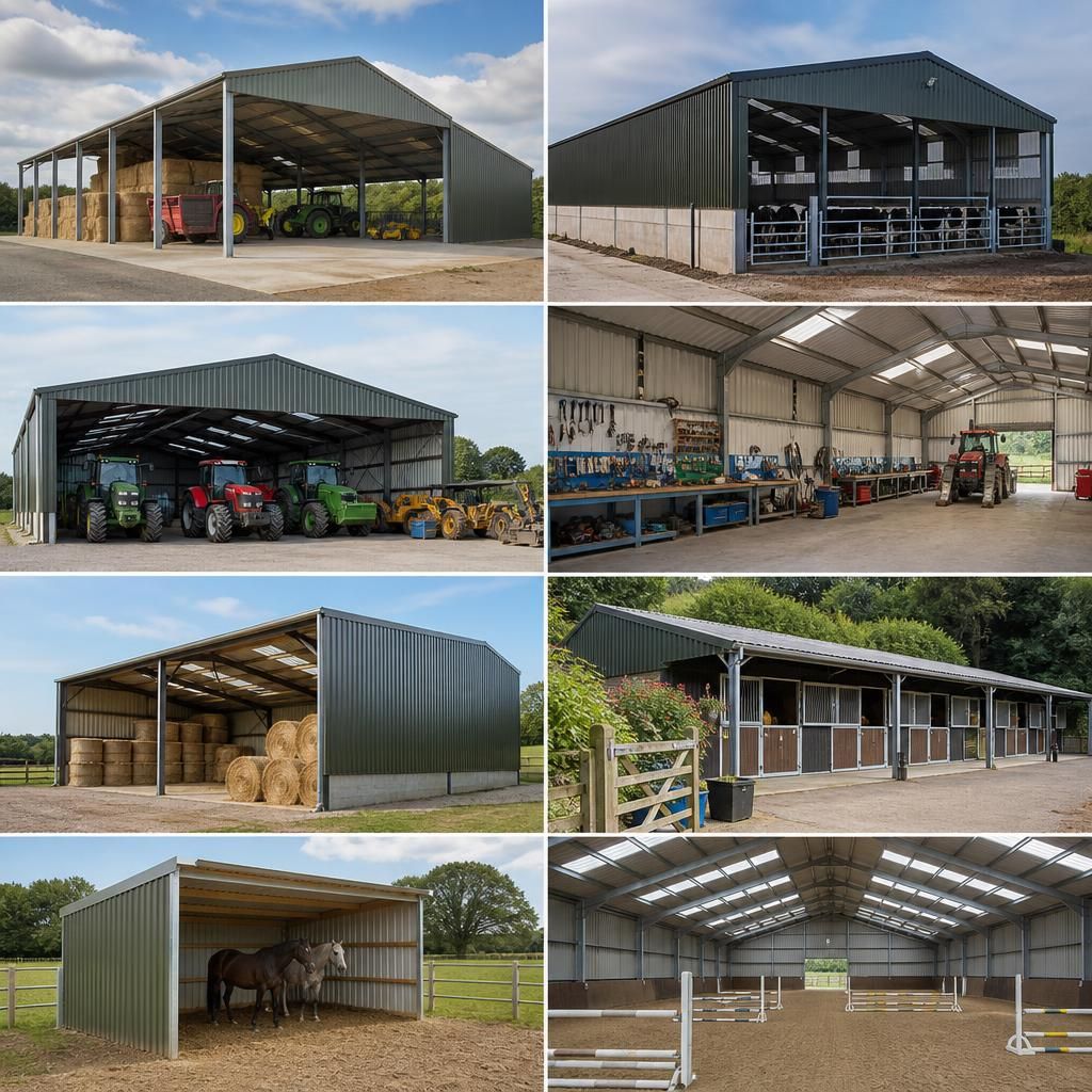 Open-sided steel agricultural barn beside a farmyard