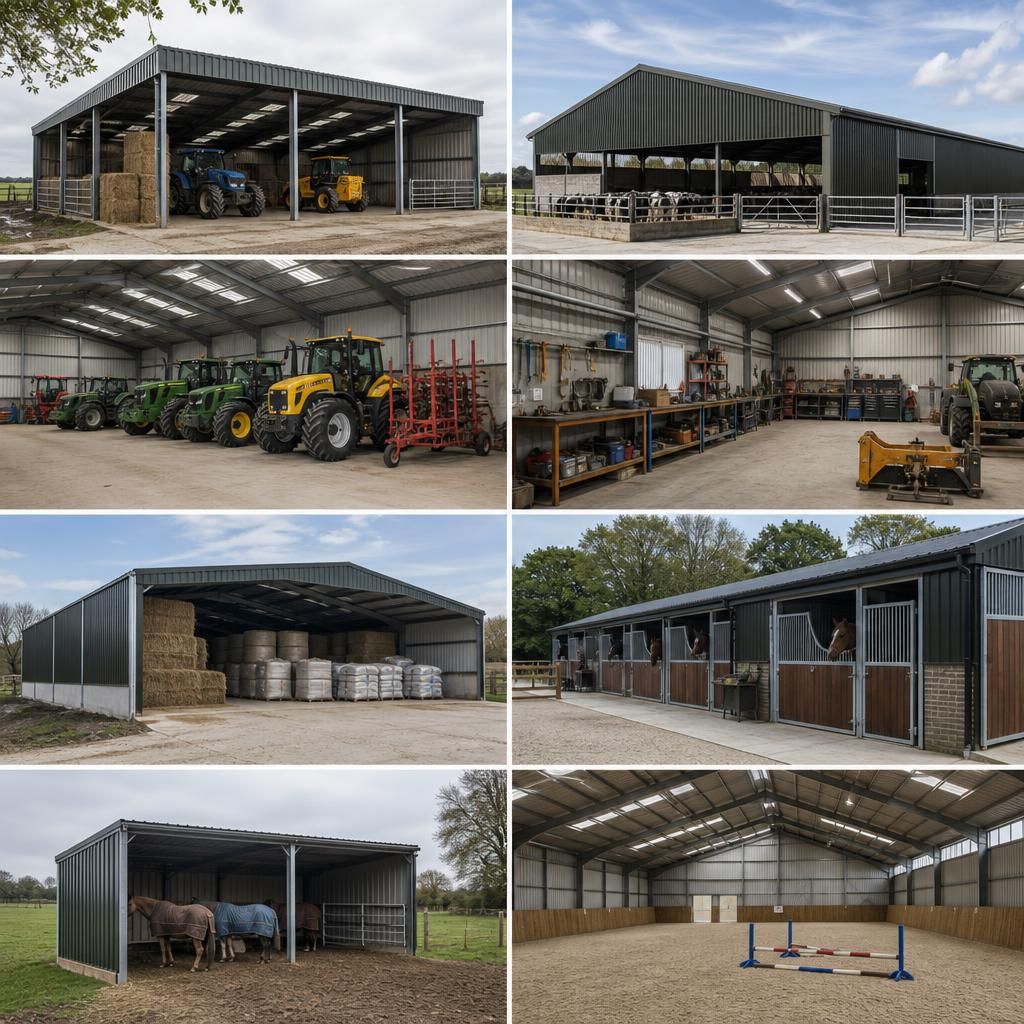 Steel-framed cattle housing building with enclosed livestock area
