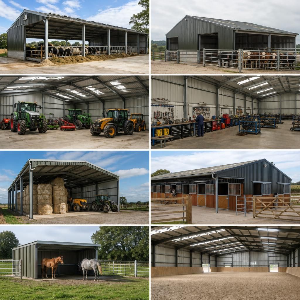 Steel machinery storage building with tractors inside