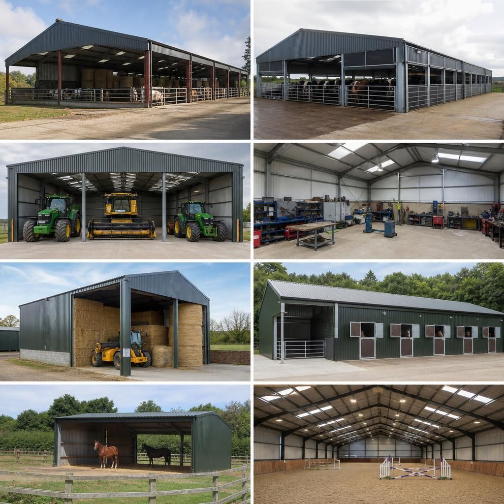 Agricultural steel workshop with workbenches and equipment