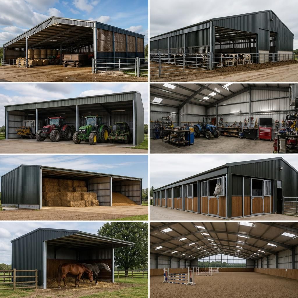 Steel-framed hay and grain storage building on a farm