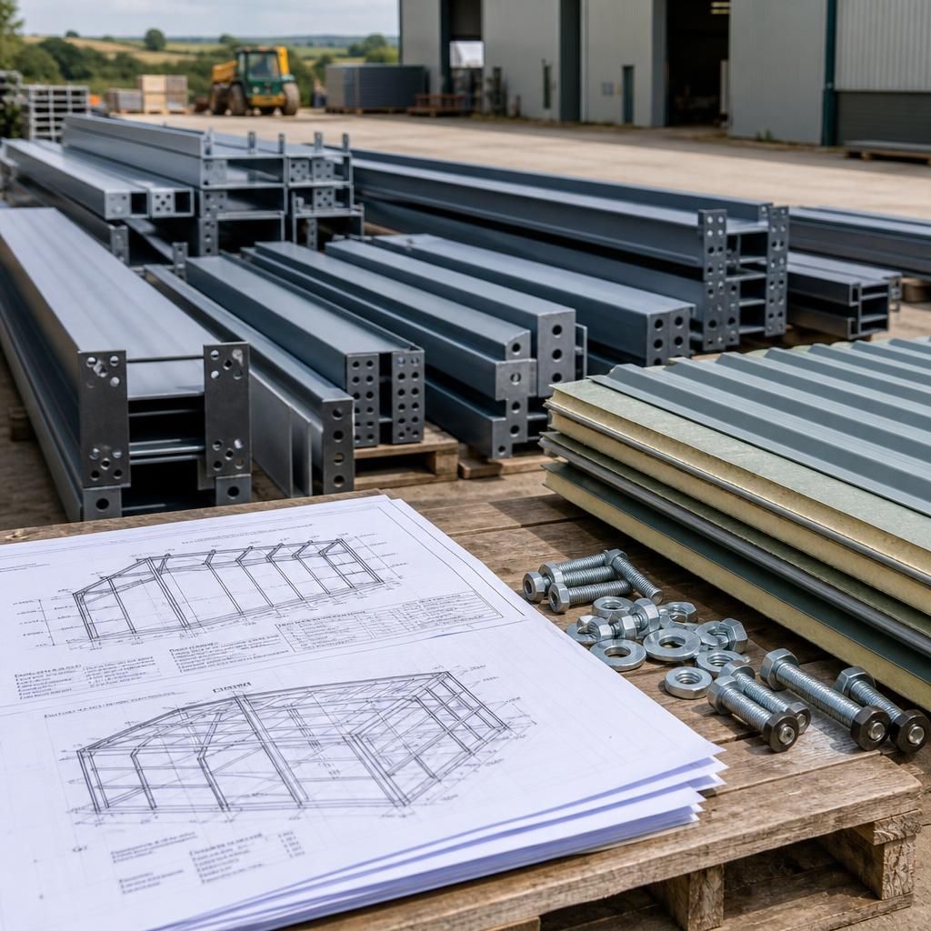 Steel frame components, cladding panels, fixings and fabrication drawings arranged for assembly