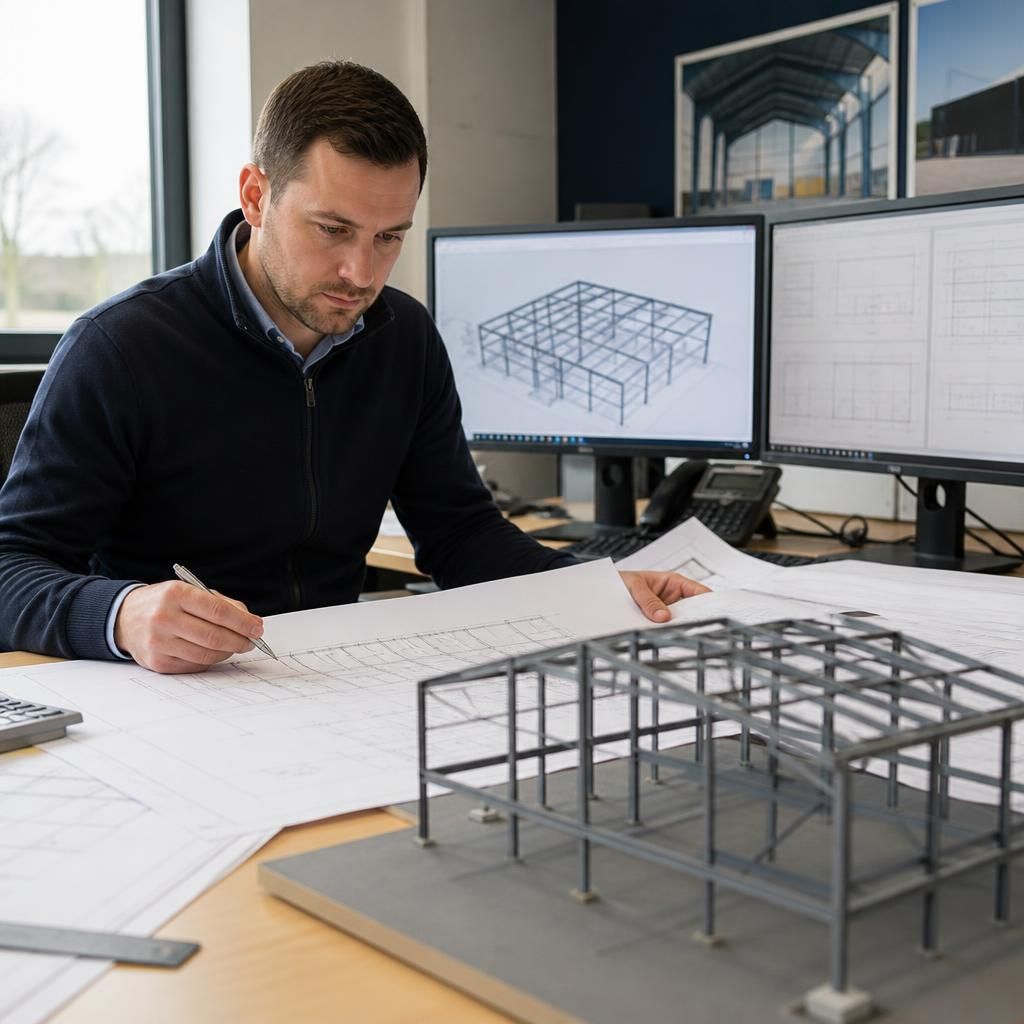Structural engineer reviewing steel frame drawings beside a scale building model