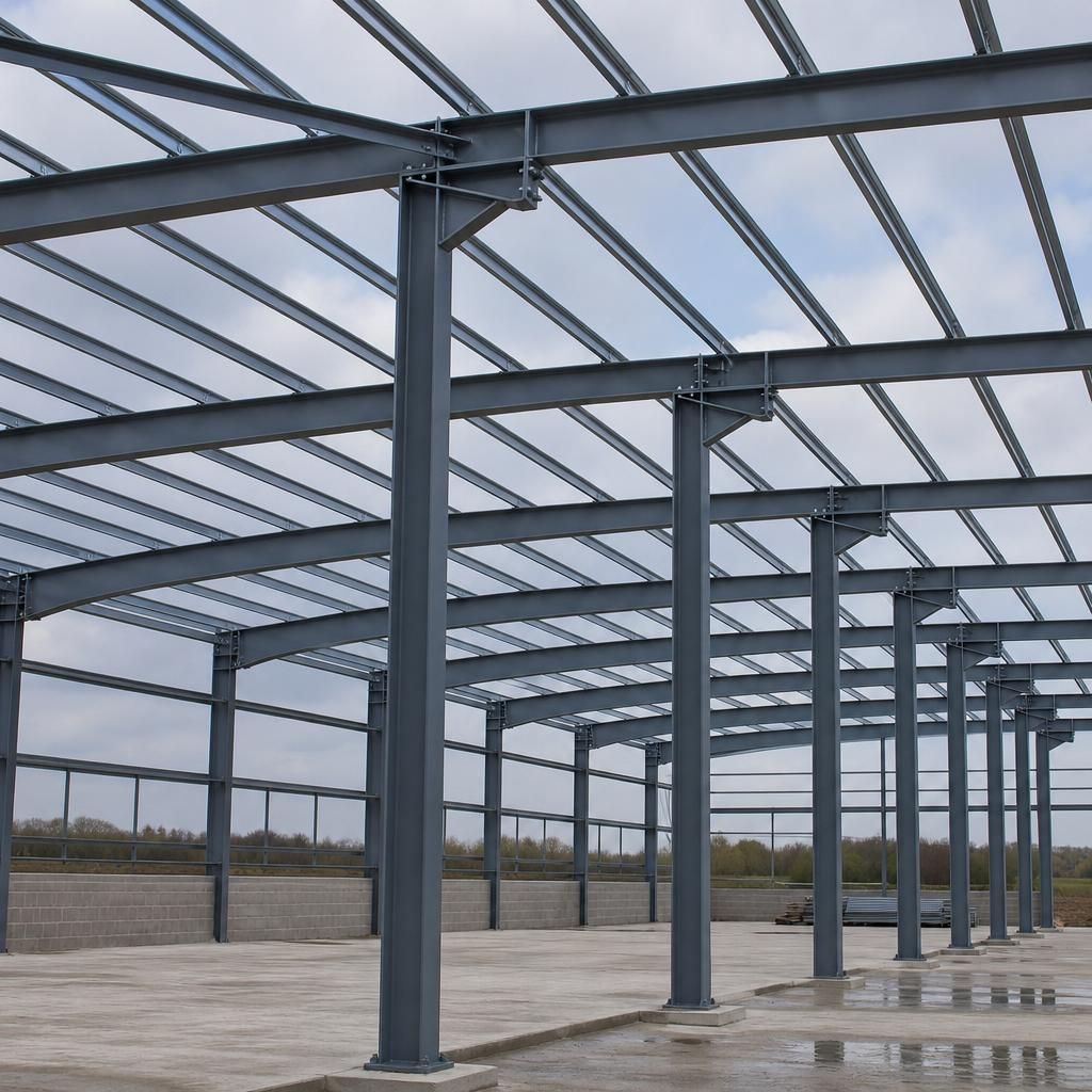 Hot-rolled steel columns and rafters forming a building frame