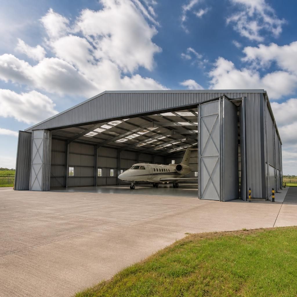 Steel-framed aircraft hangar with large doors on a rural site