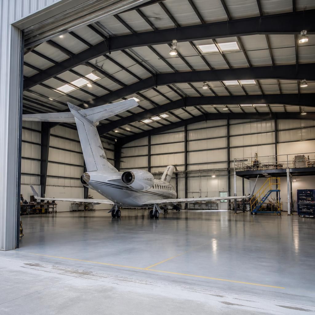 Aircraft hangar interior with an aircraft beneath the roof structure and clear space around its tail