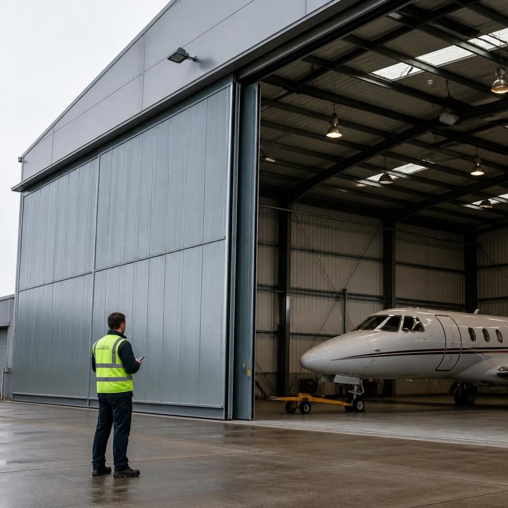 Aircraft hangar with large bi-fold entrance doors