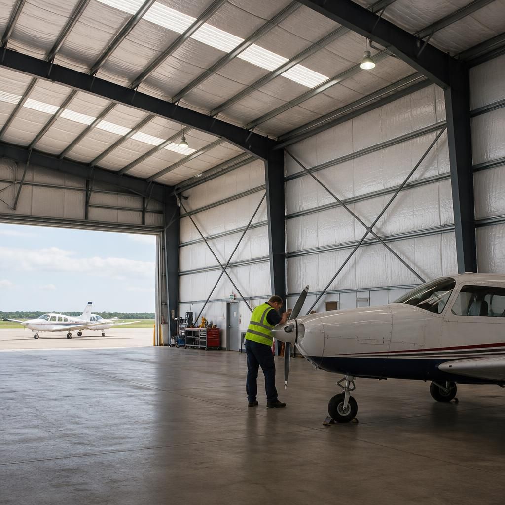 Insulated roof and wall panels installed within a steel aircraft hangar frame