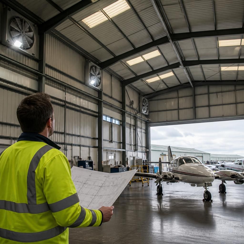 Aircraft hangar roof ventilators, wall louvres and mechanical extraction ducts