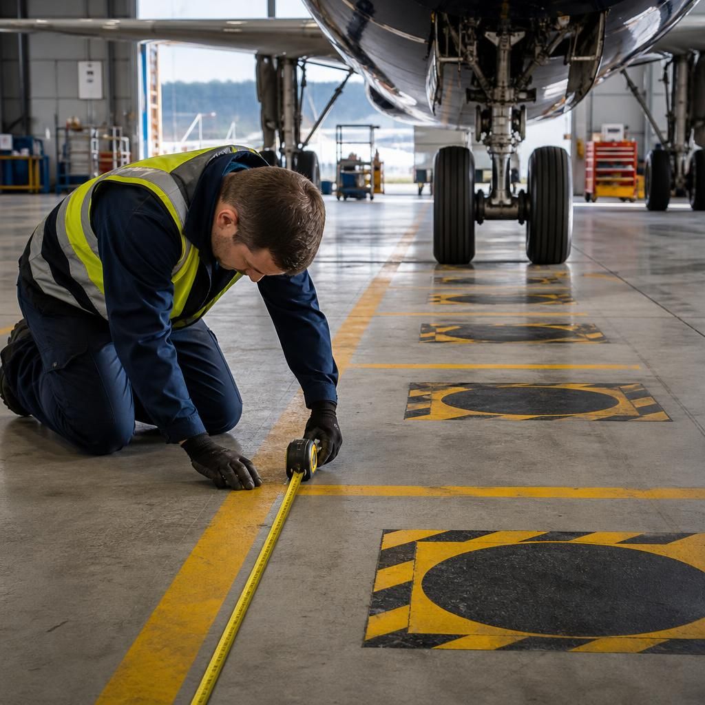 Aircraft hangar concrete slab with marked wheel paths and maintenance support points