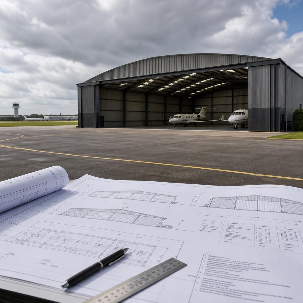 Steel aircraft hangar beside an aerodrome with architectural planning drawings
