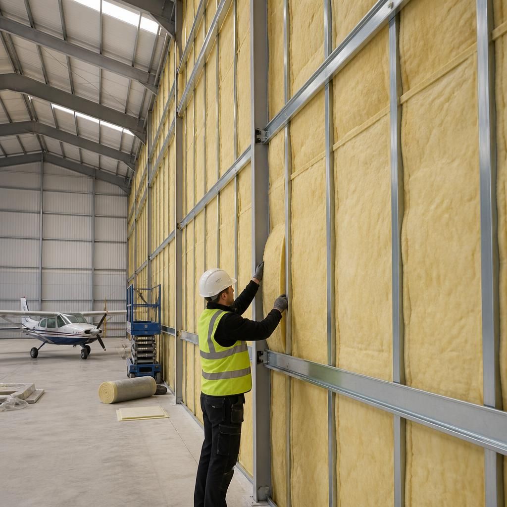 Insulated steel aircraft hangar interior with roof lining and structural frame