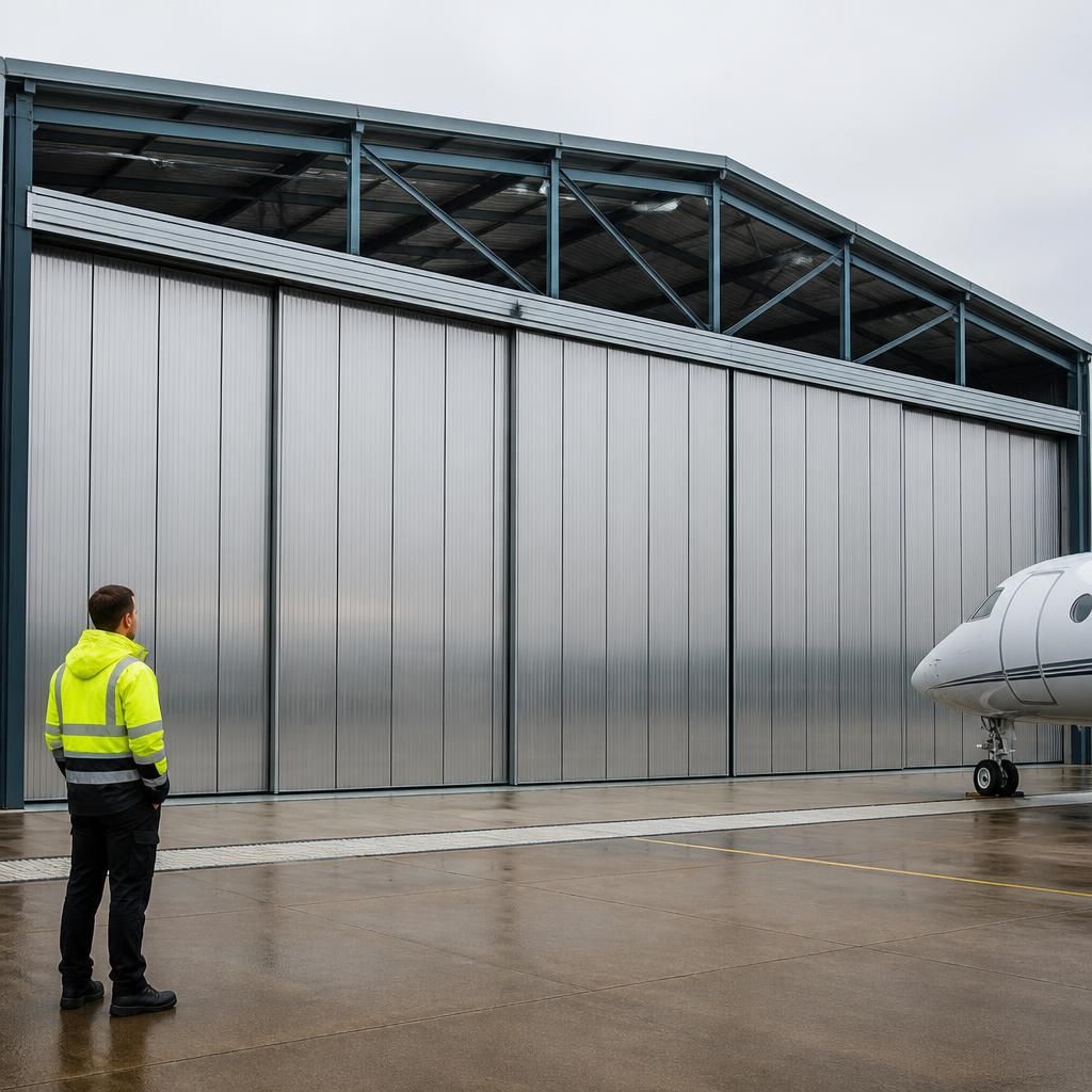 Steel sliding hangar doors shown closed beneath a framed aircraft hangar roof