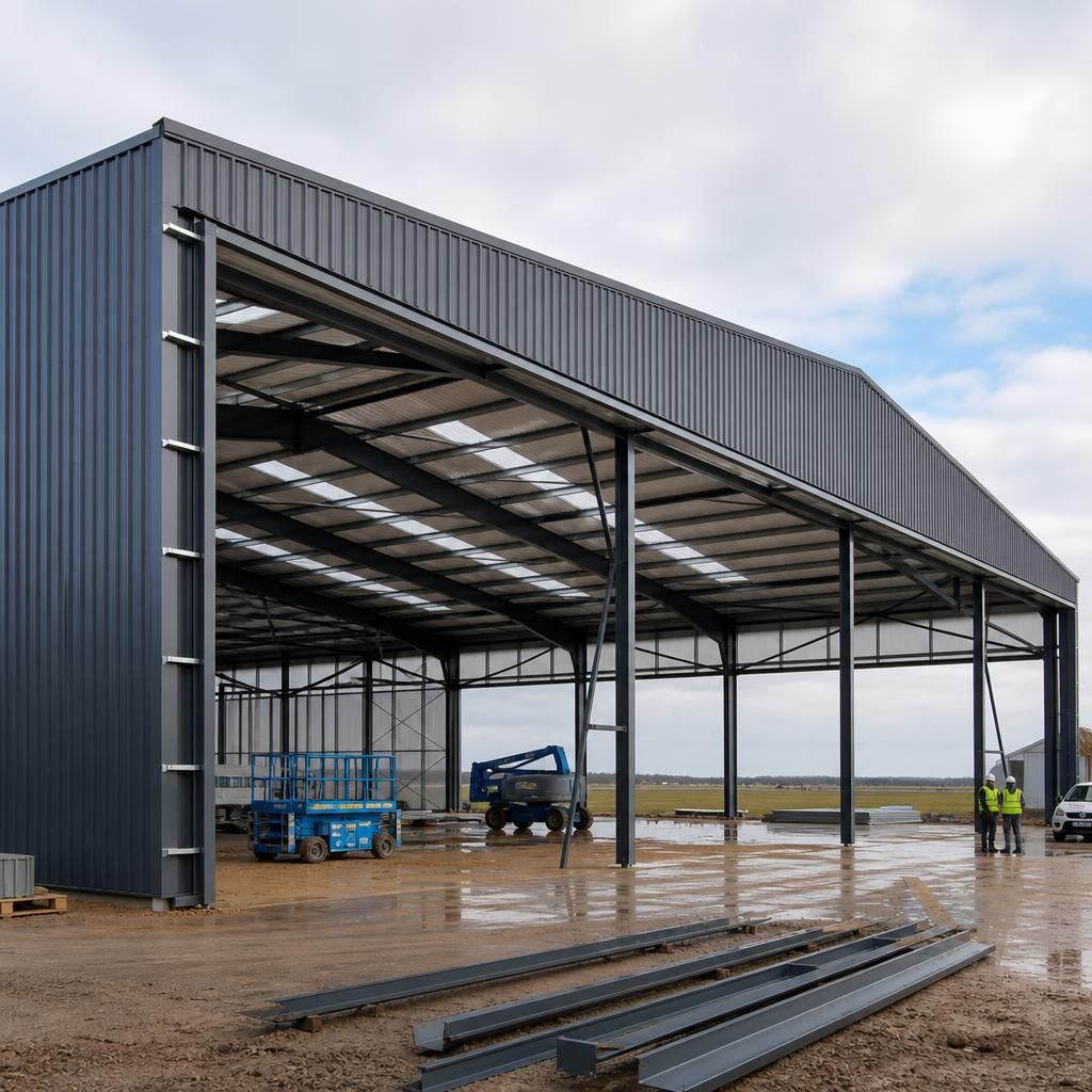 Steel aircraft hangar frame with a wide access opening under construction
