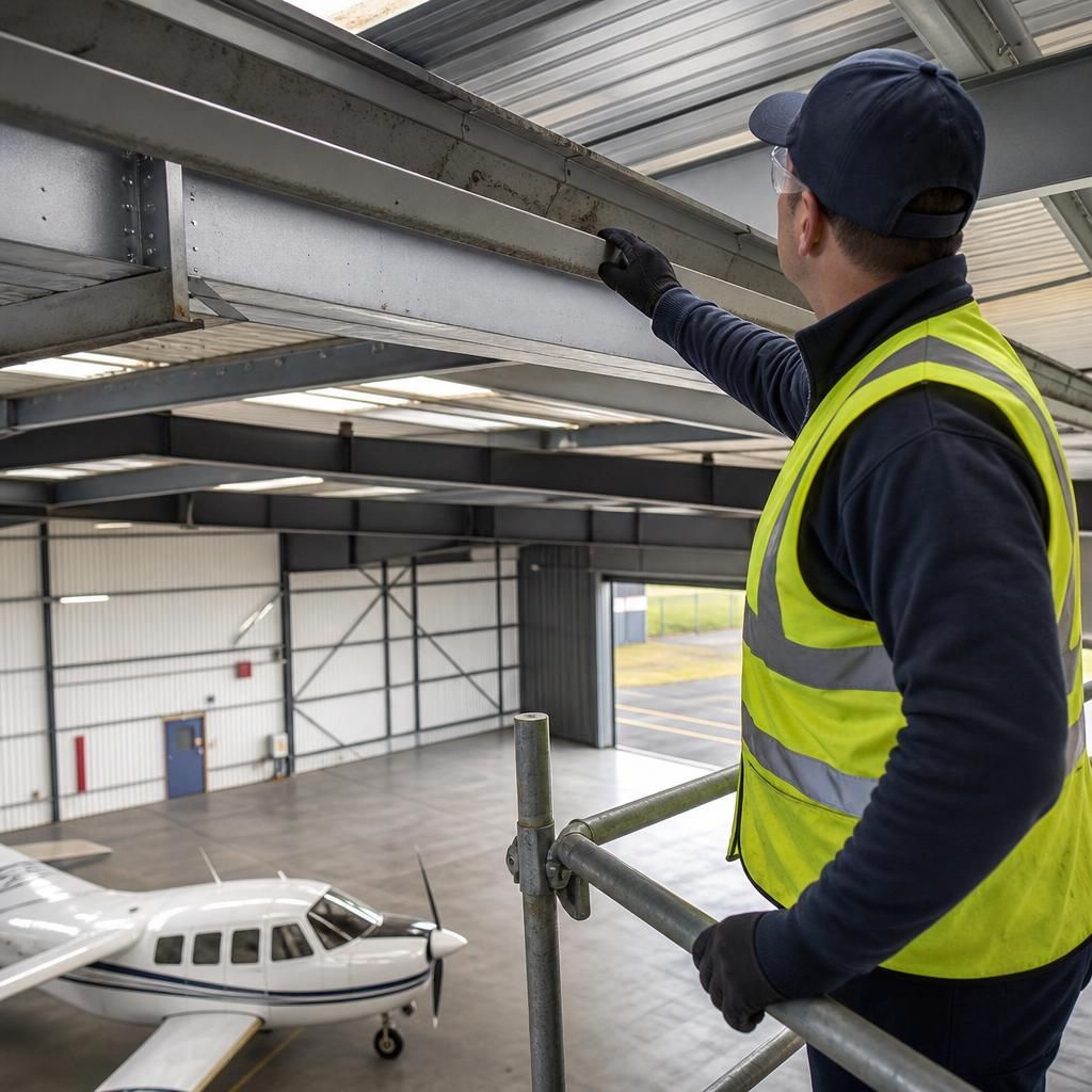 Technician inspecting steel roof panels and guttering inside an aircraft hangar