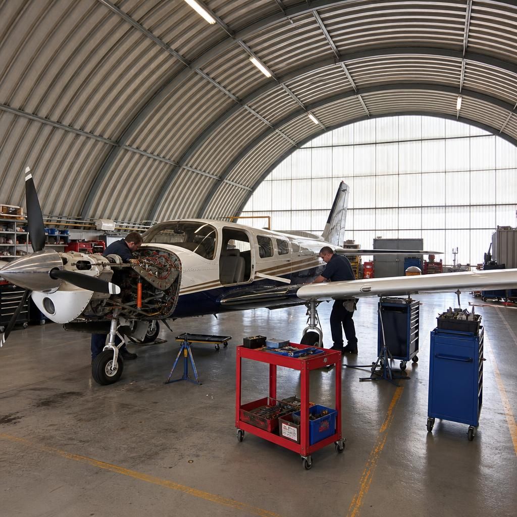 Aircraft undergoing maintenance inside a curved steel hangar