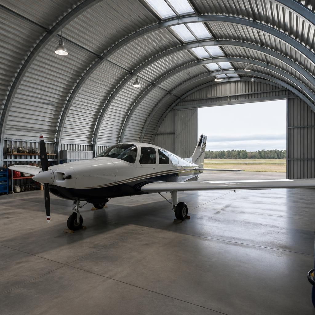 Steel Quonset hangar with a light aircraft parked inside