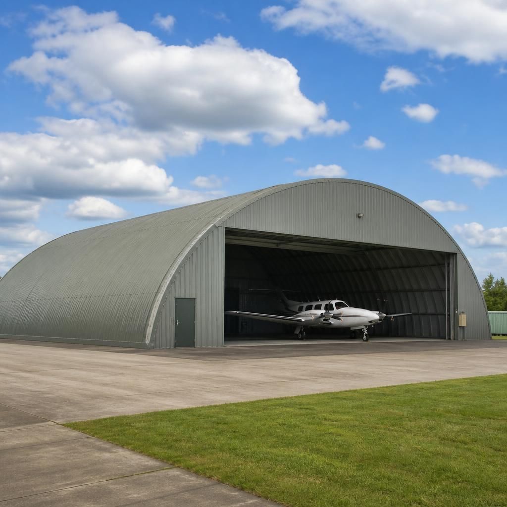 Curved steel Quonset hangar with aircraft access doors and surrounding hardstanding