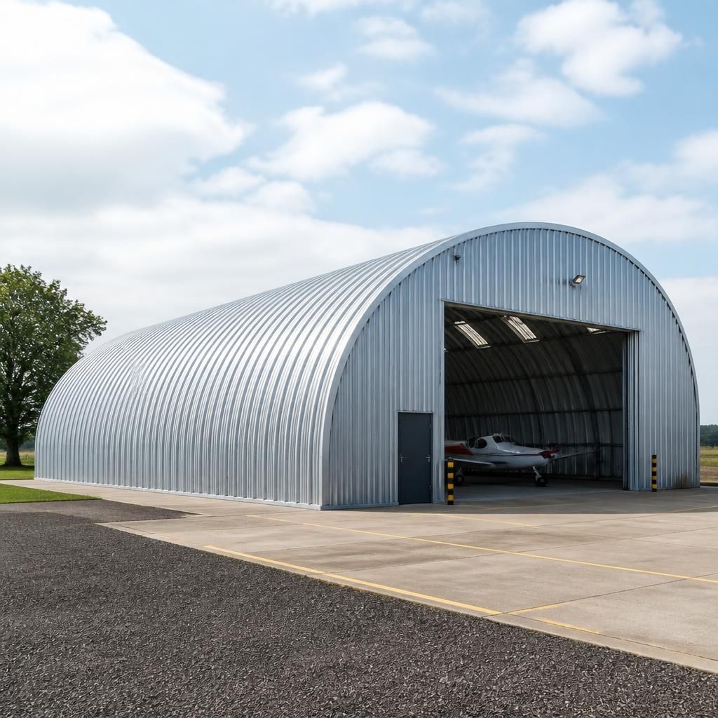 Steel Quonset hangar on level hardstanding with clear access around the curved structure