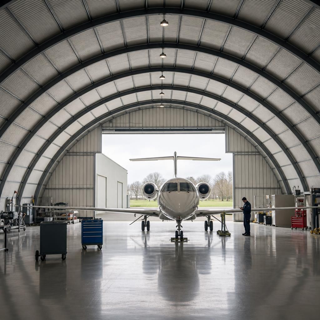 Aircraft positioned inside a curved steel hangar with clear space around the wings