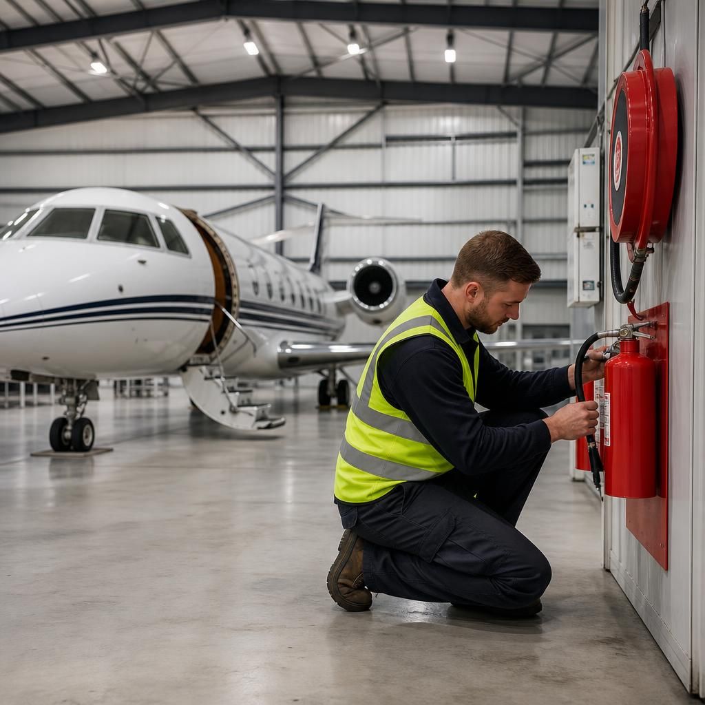 Aircraft hangar with fire alarm, emergency lighting and wall-mounted extinguishers