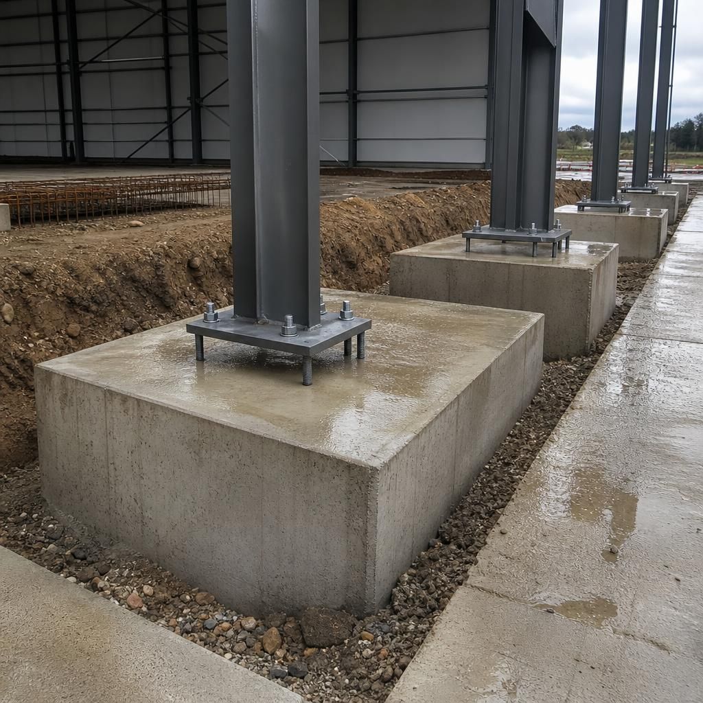 Reinforced concrete hangar foundations with steel columns and embedded holding-down bolts