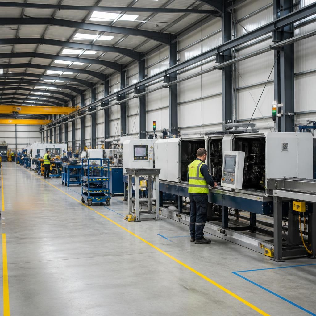 Steel-framed factory interior with machinery and open production space