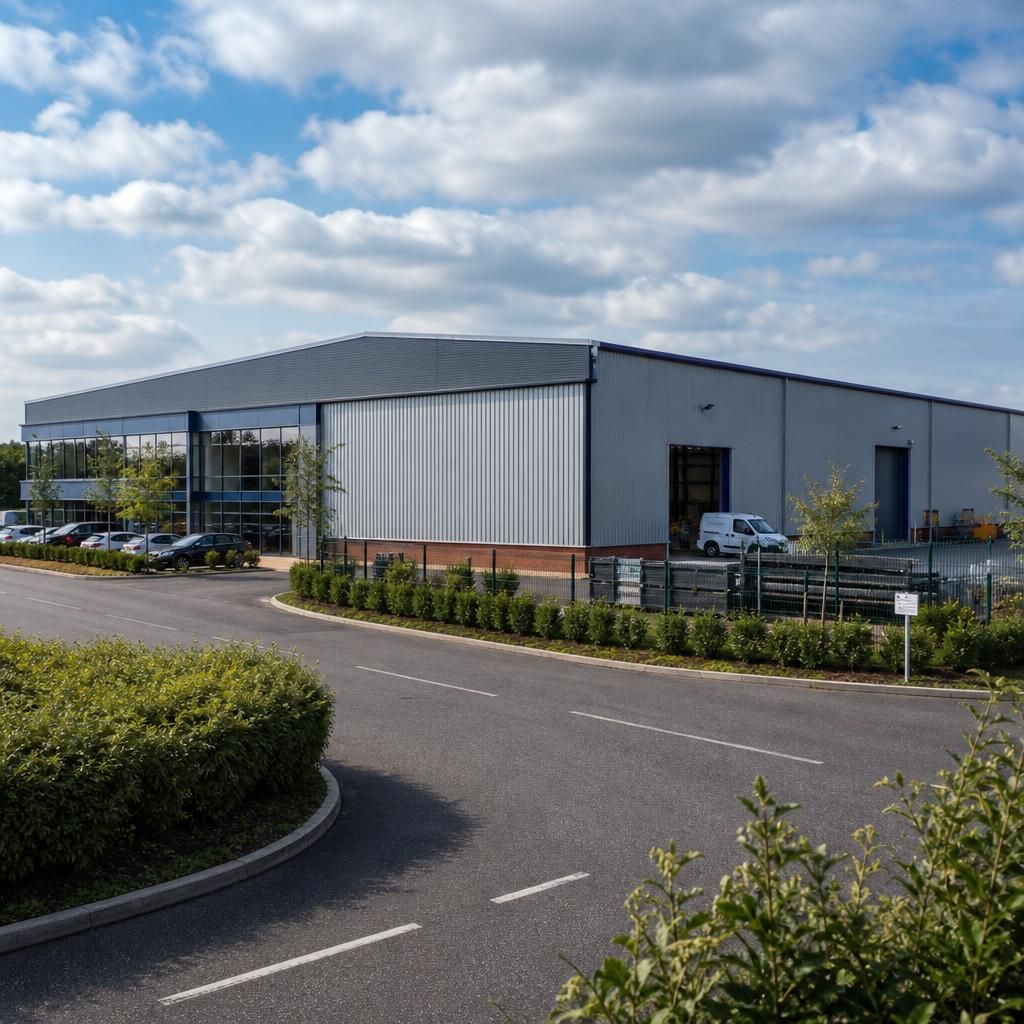 Steel framed factory building beside an access road with vehicles and landscaped boundaries