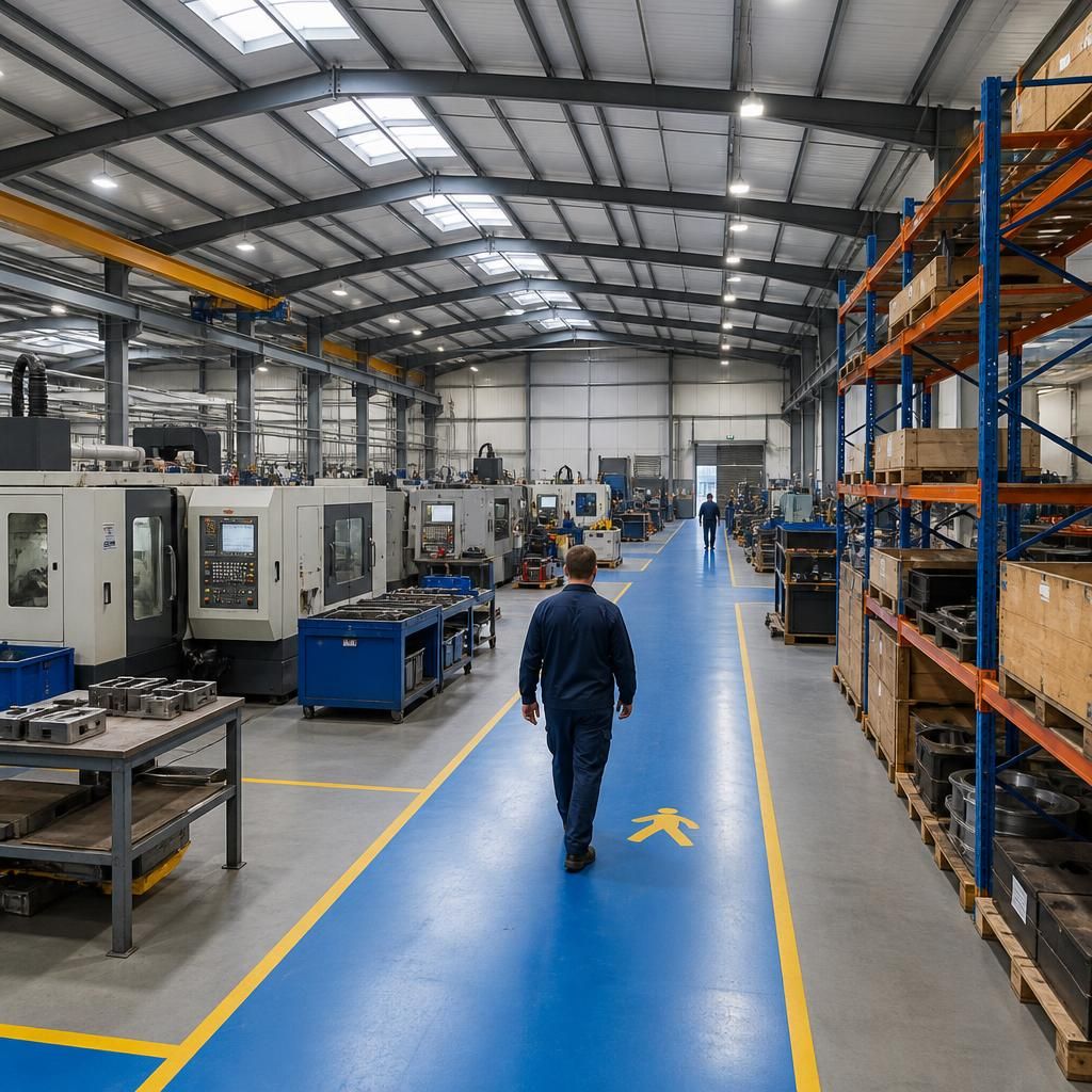 Factory interior with machinery, storage racks and marked pedestrian routes