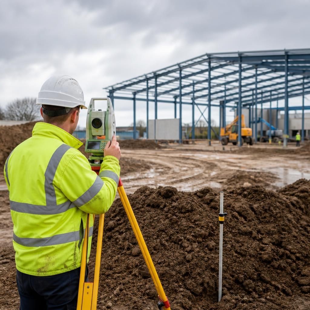 Surveyor measuring ground levels on a factory construction site