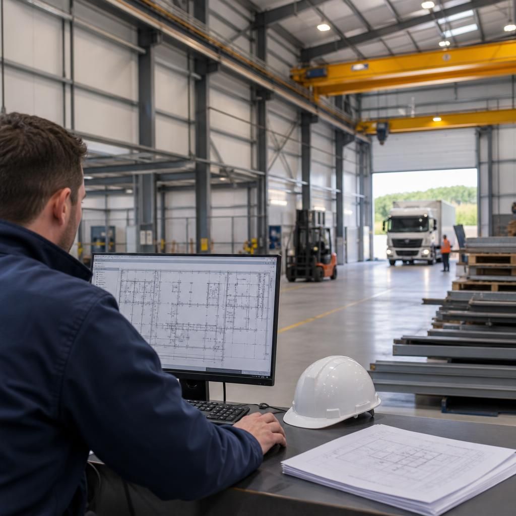 Steel framed factory building with loading doors and service yard