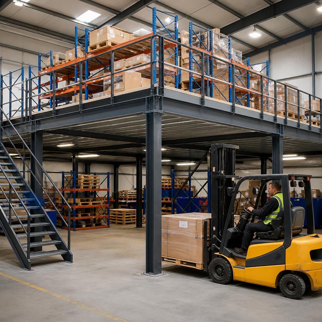 Steel mezzanine floor with storage racking and support columns inside a factory